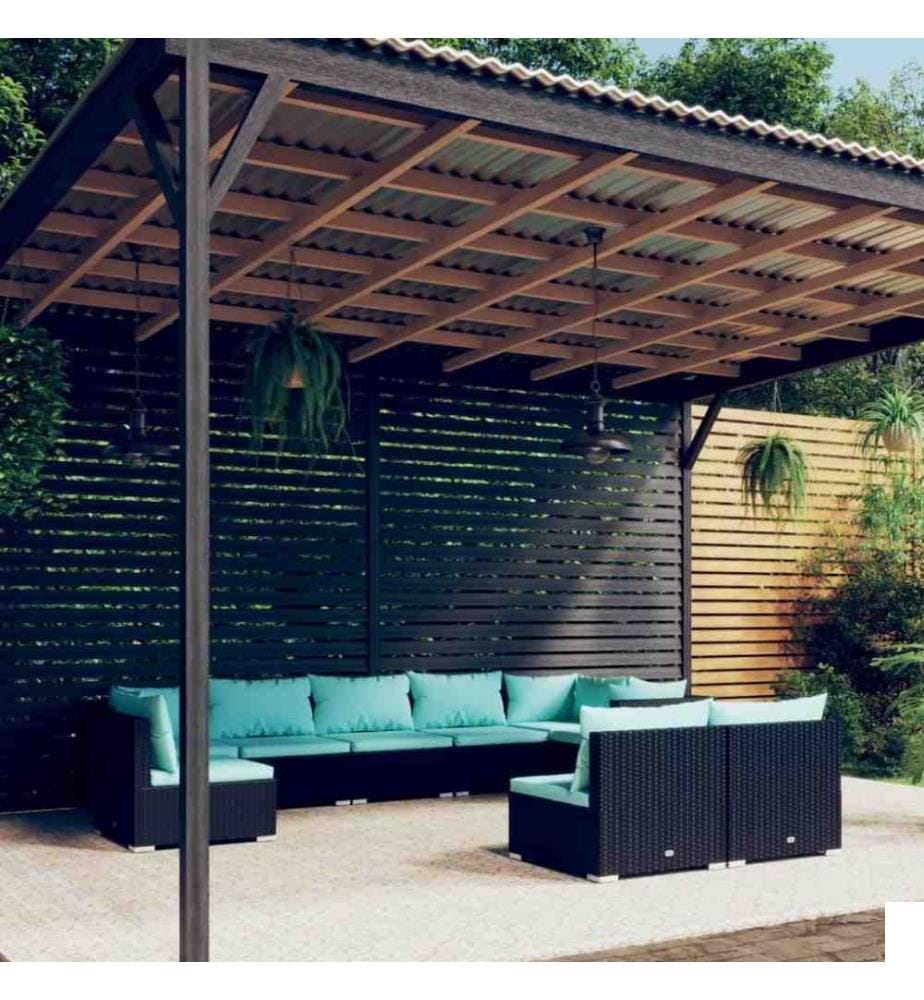 Salon de jardin 9 pcs avec coussins Résine tressée Noir