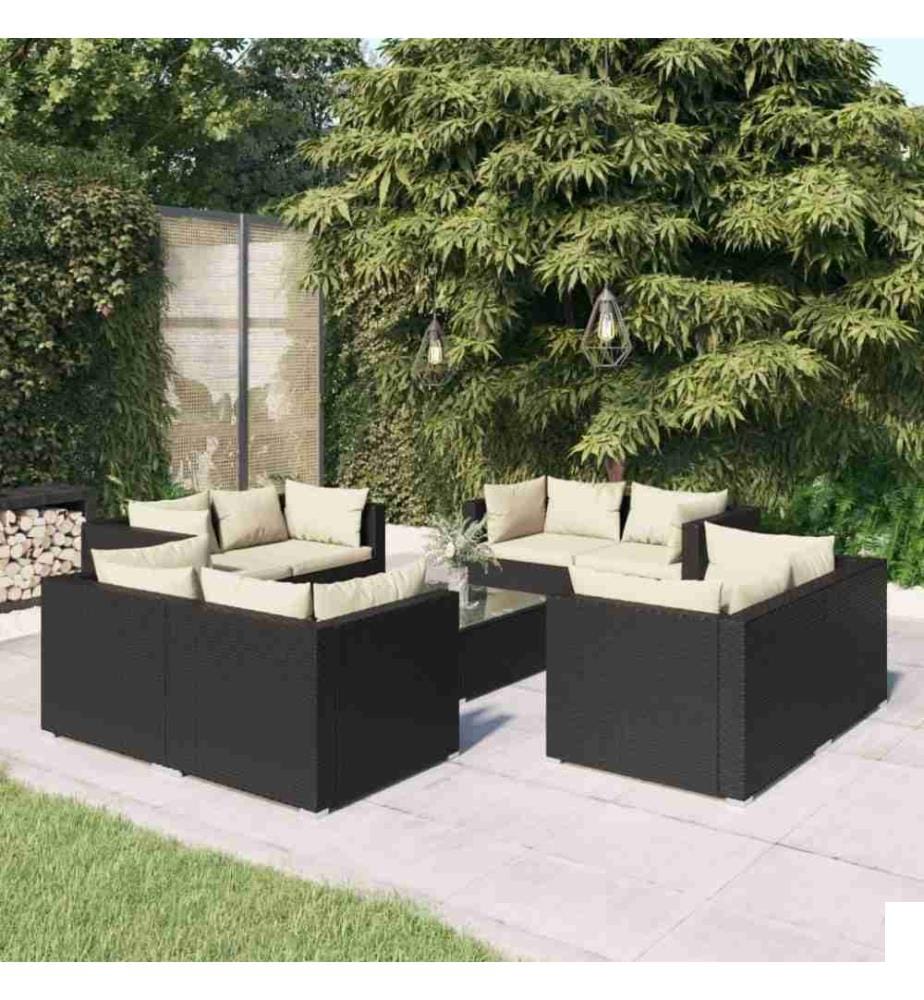 Salon de jardin 9 pcs avec coussins Résine tressée Noir