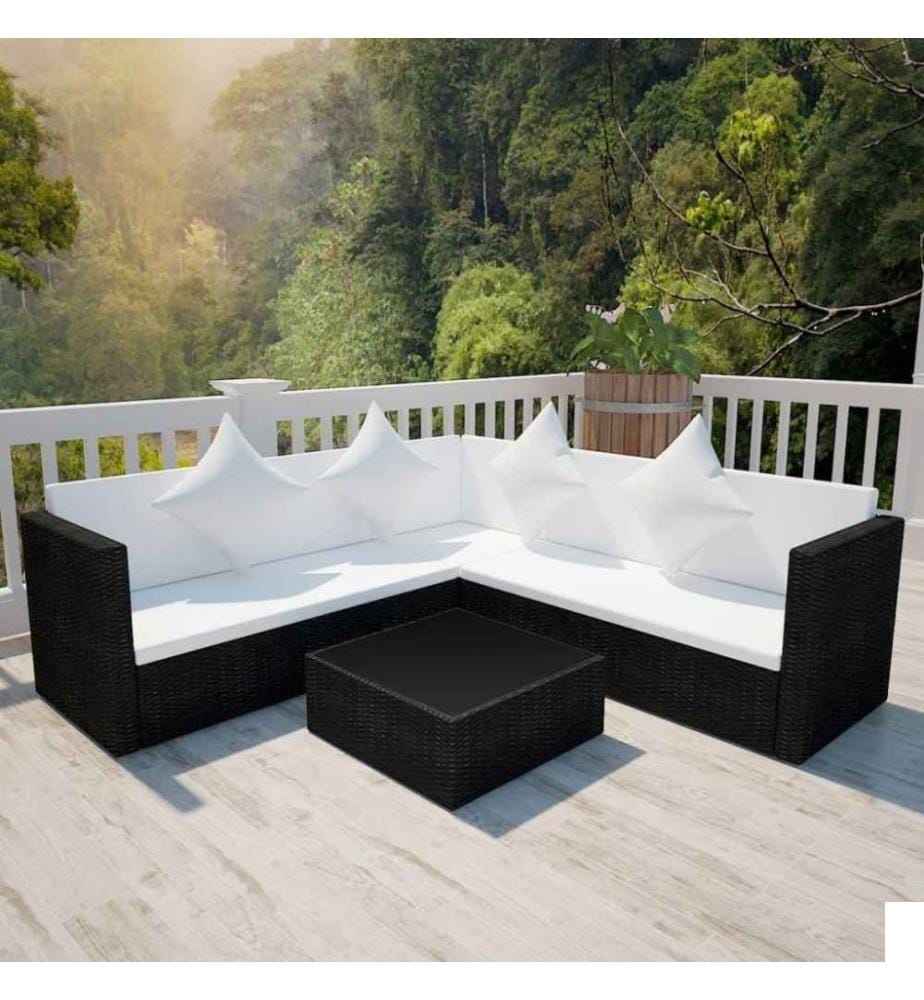 Salon de jardin 4 pcs avec coussins Résine tressée Noir