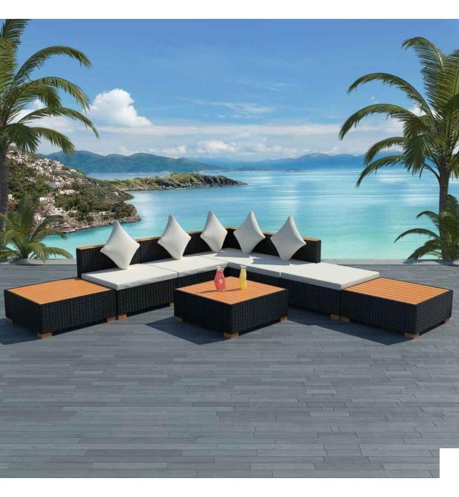 Salon de jardin 8 pcs avec coussins Résine tressée Noir