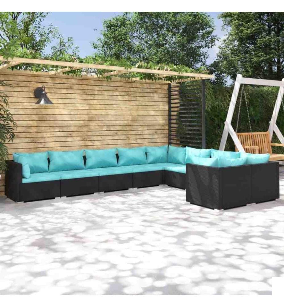 Salon de jardin 9 pcs avec coussins Résine tressée Noir
