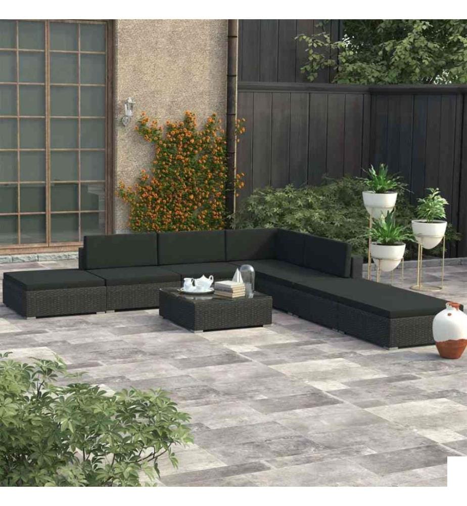 Salon de jardin 8 pcs avec coussins Résine tressée Noir