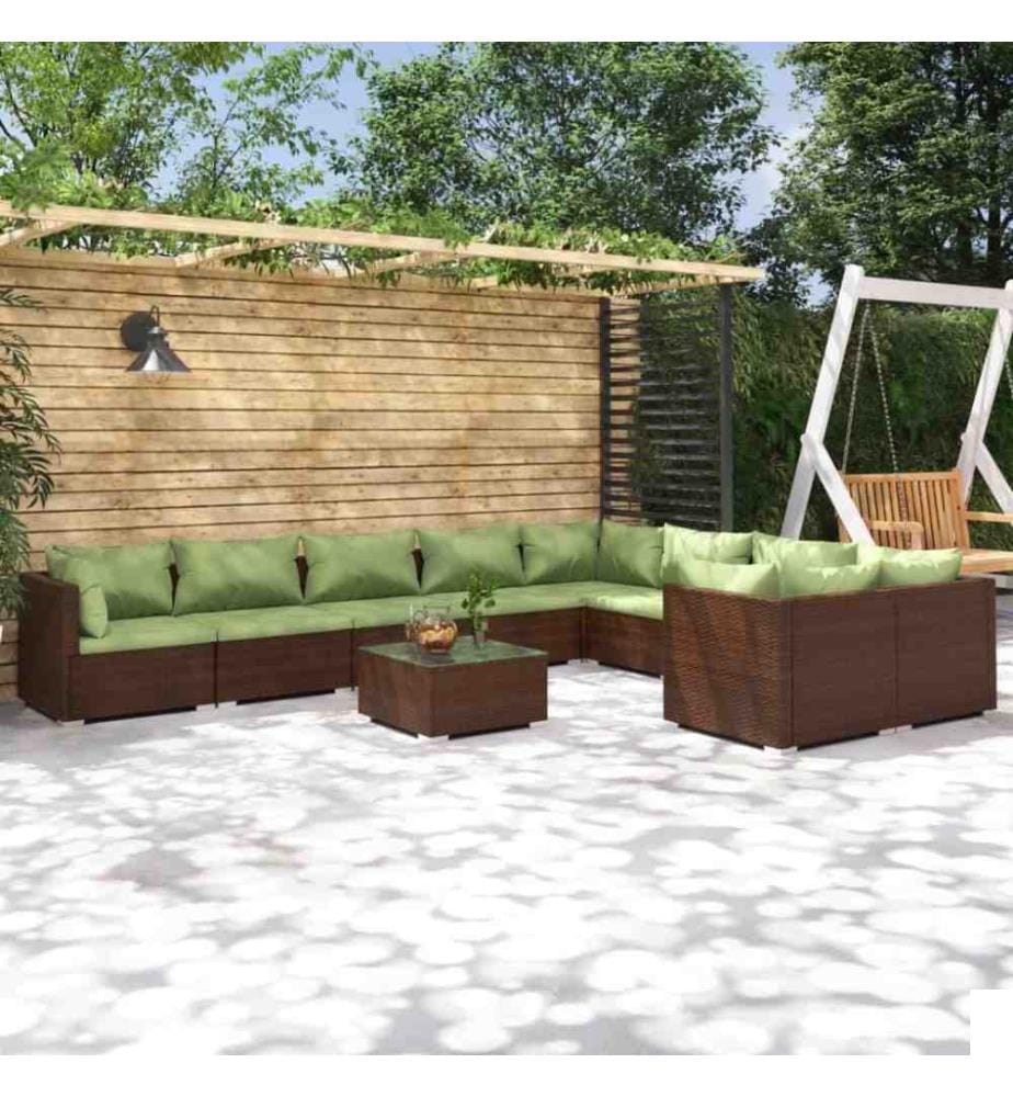 Salon de jardin 10 pcs avec coussins Résine tressée Marron
