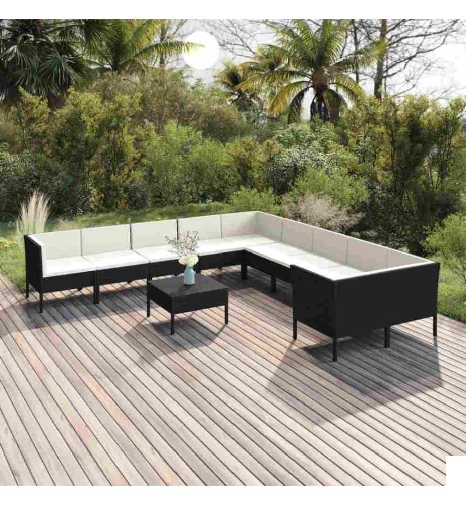 Salon de jardin 11 pcs avec coussins Résine tressée Noir