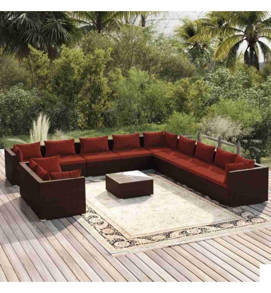 Salon de jardin 12 pcs avec coussins Marron Résine tressée