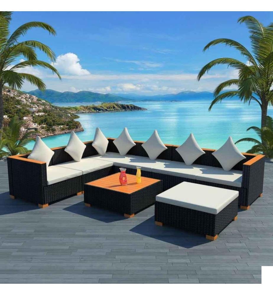 Salon de jardin 8 pcs avec coussins Résine tressée Noir