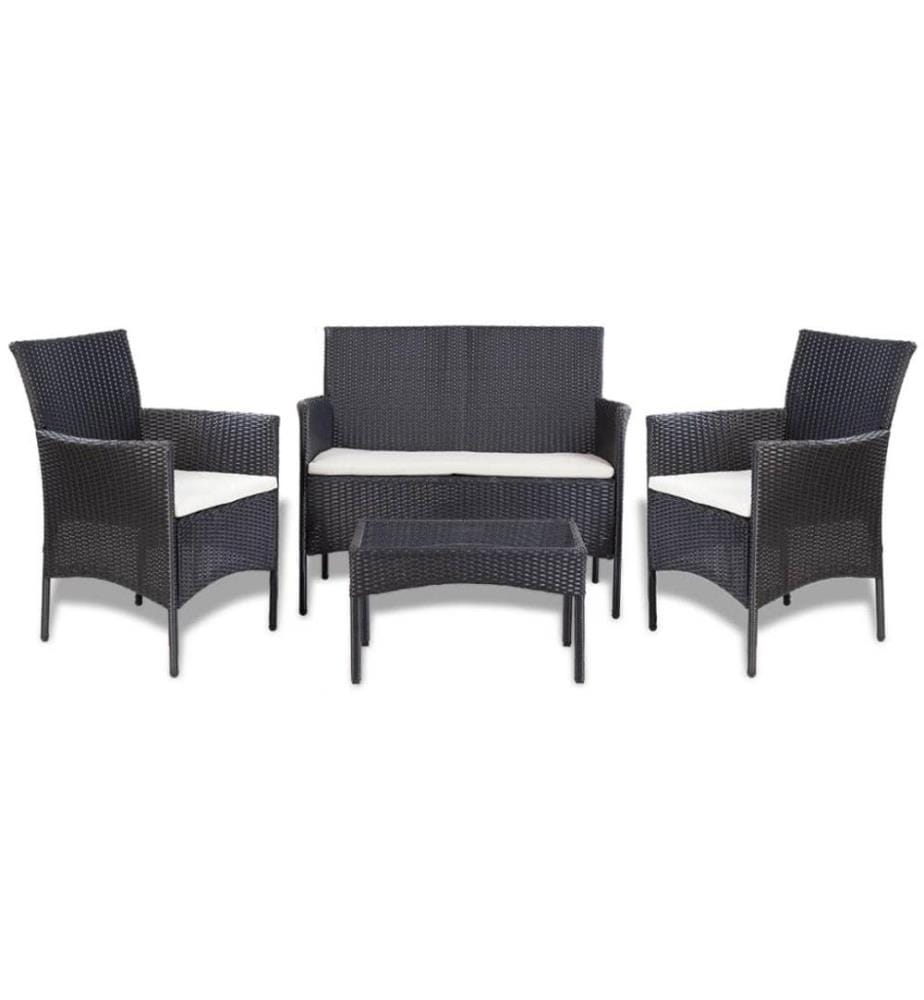Salon de jardin 4 pcs avec coussins Résine tressée Noir