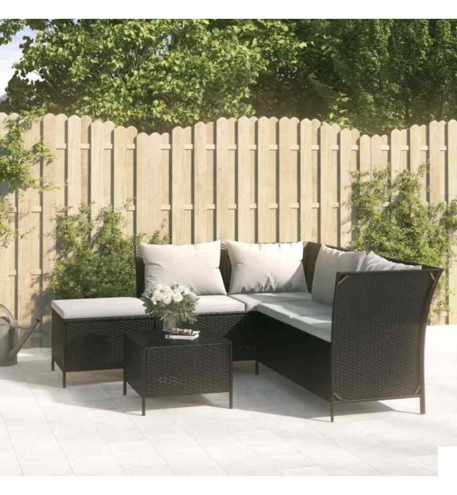 Salon de jardin 4 pcs avec coussins Noir Résine tressée