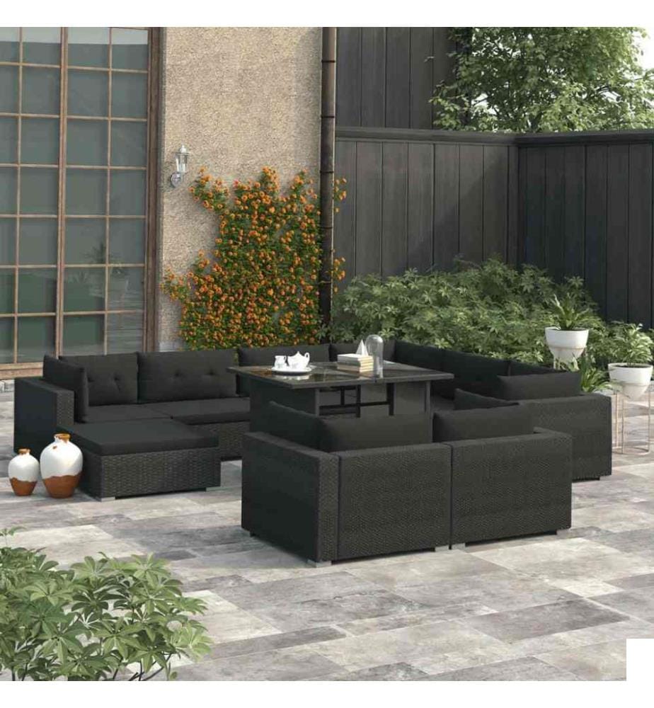 Salon de jardin 10 pcs avec coussins Résine tressée Noir