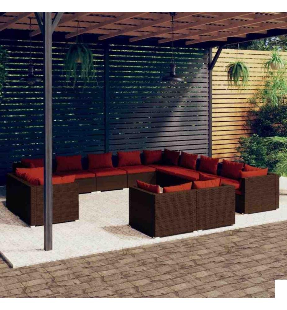 Salon de jardin 13 pcs avec coussins Marron Résine tressée