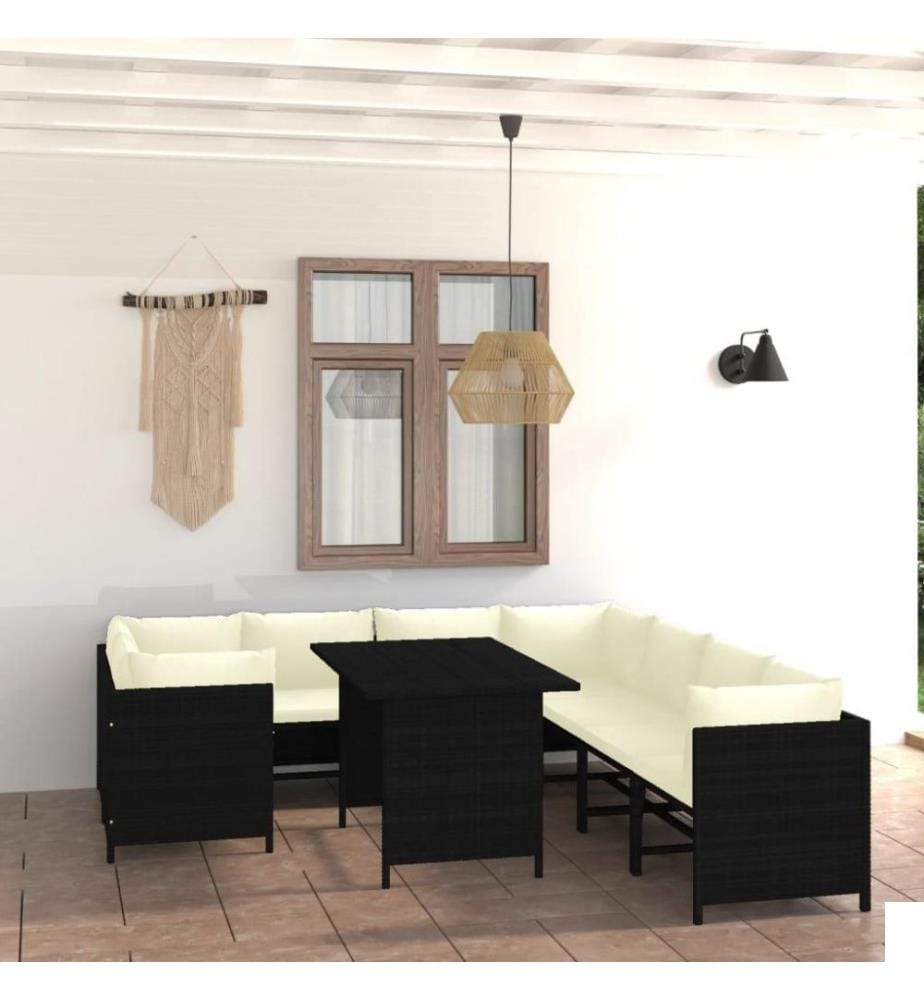 Salon de jardin 9 pcs avec coussins Résine tressée Noir