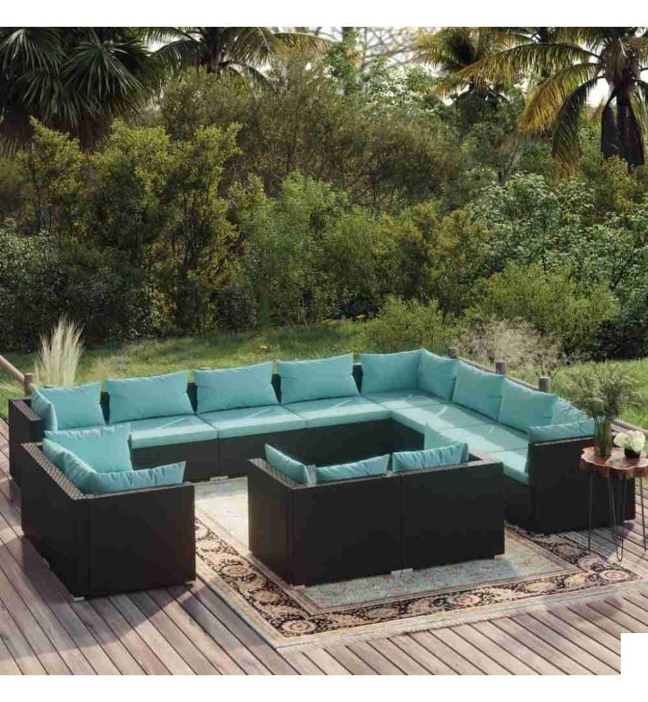 Salon de jardin 12 pcs avec coussins Noir Résine tressée