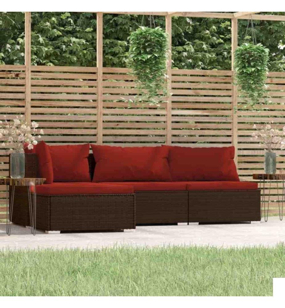 Salon de jardin 4 pcs avec coussins Marron Résine tressée