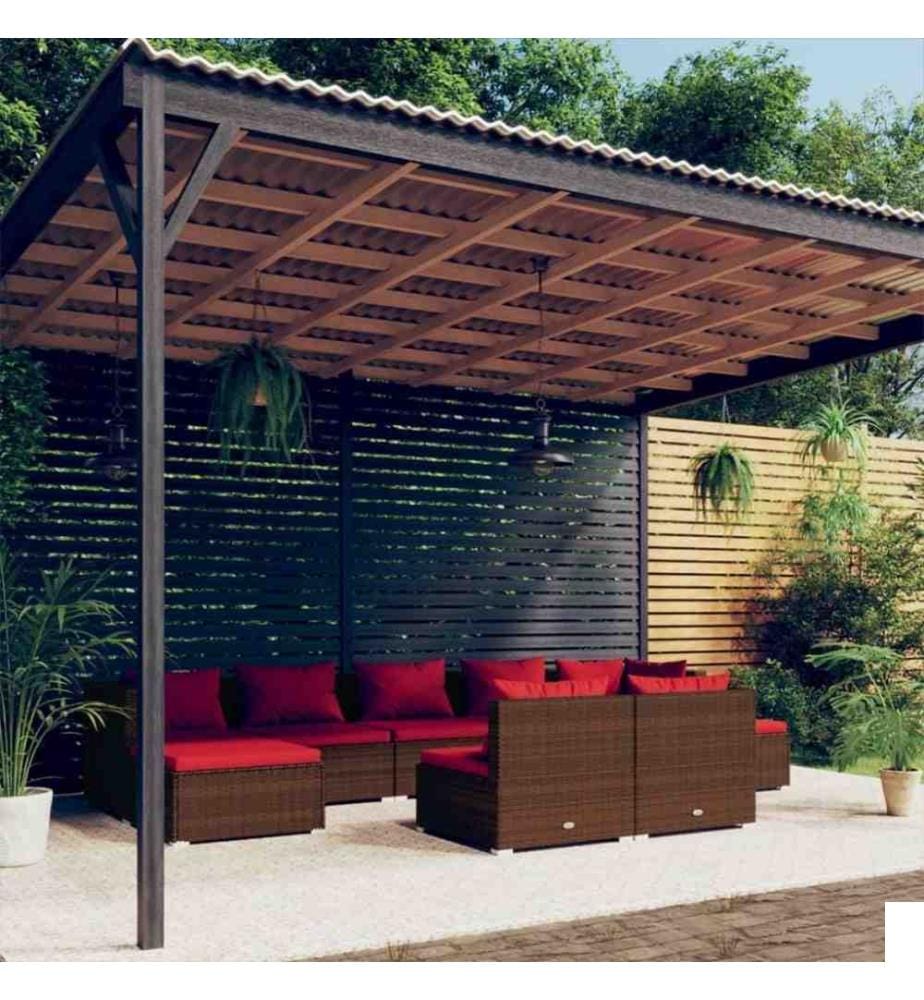 Salon de jardin 9 pcs avec coussins Marron Résine tressée