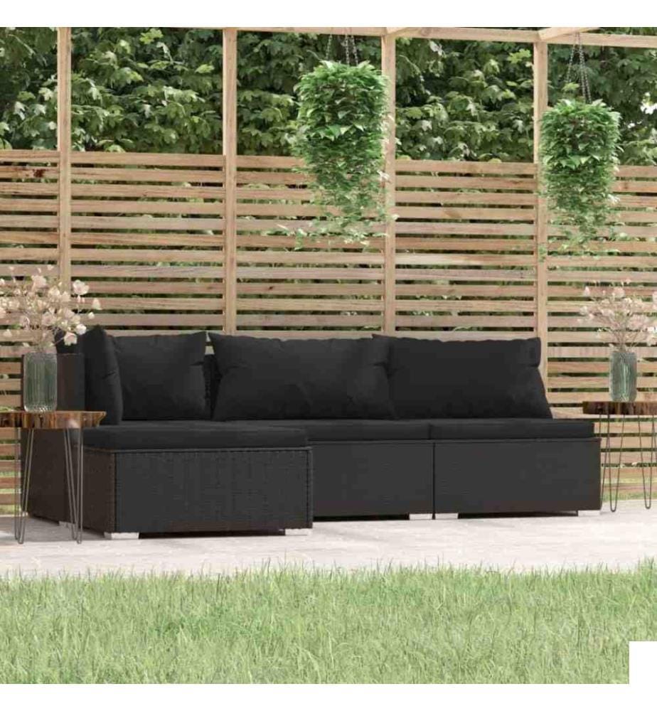 Salon de jardin 4 pcs avec coussins Noir Résine tressée