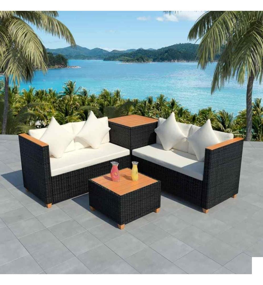 Salon de jardin 4 pcs avec coussins Résine tressée Noir