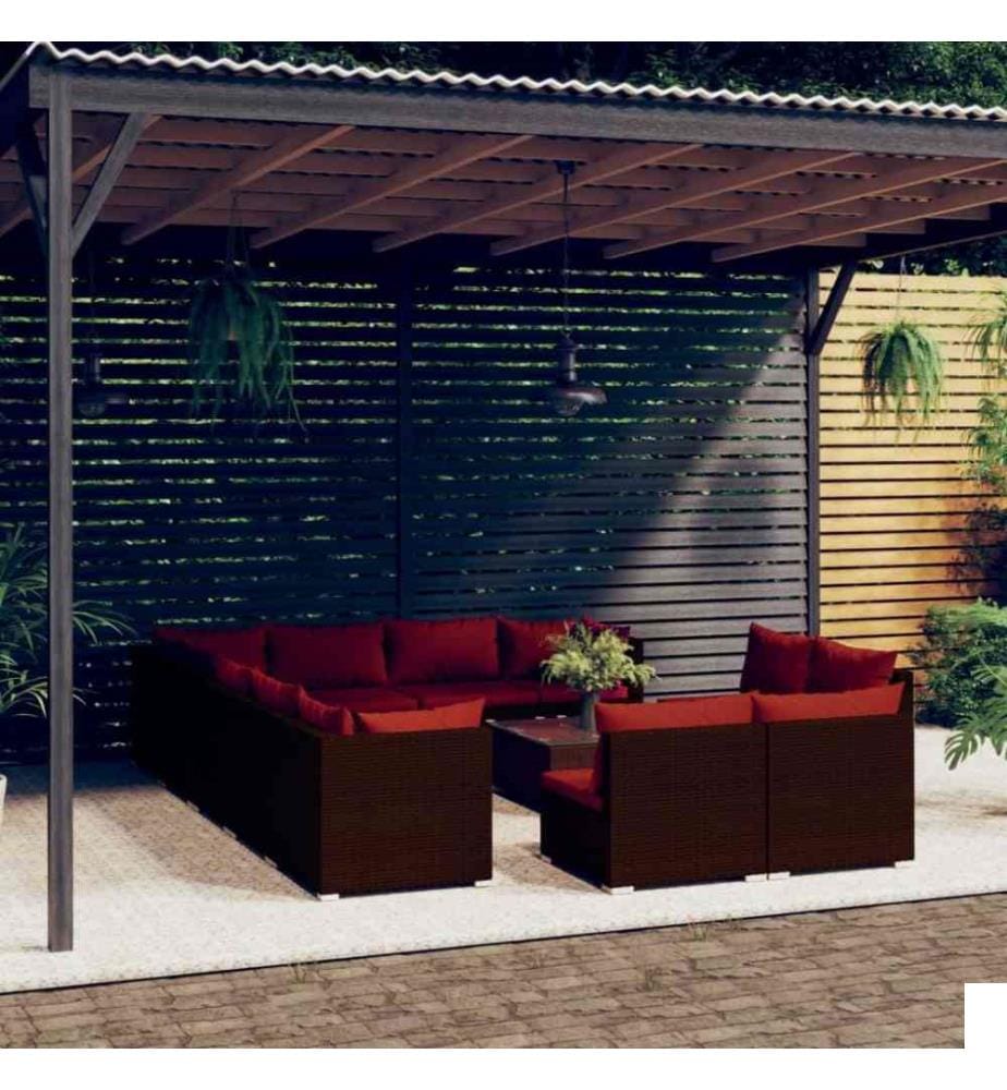 Salon de jardin 13 pcs avec coussins Marron Résine tressée
