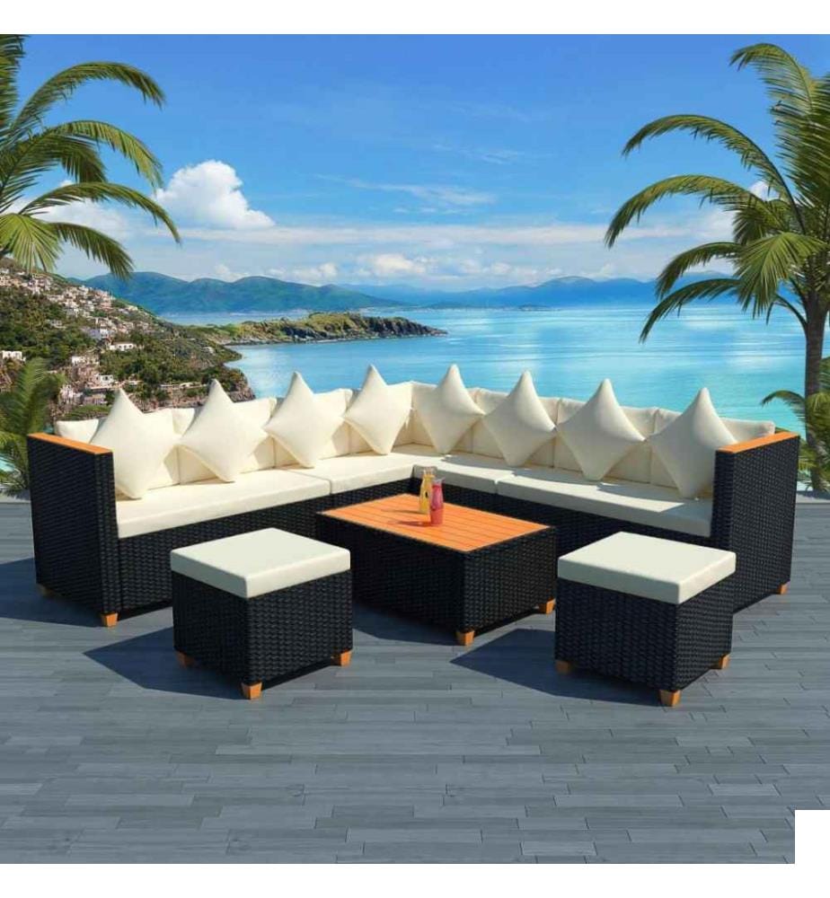 Salon de jardin 7 pcs avec coussins Résine tressée Noir