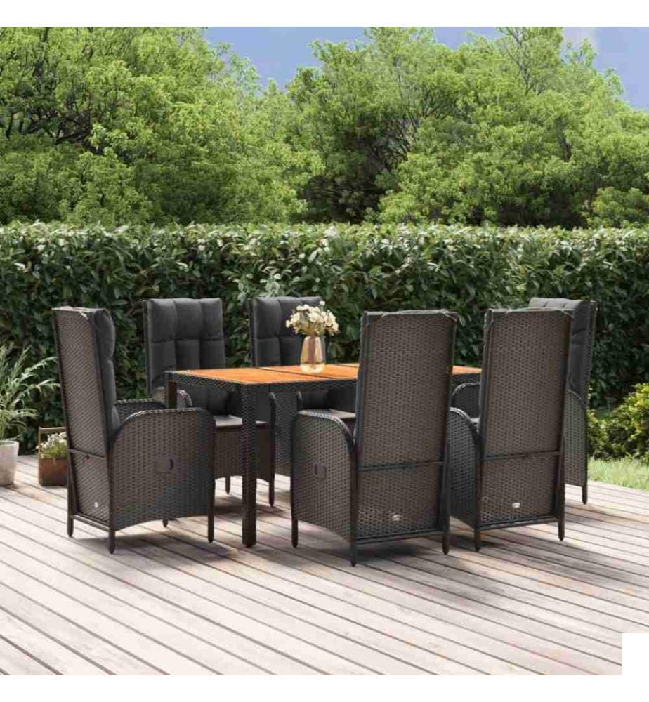 Salon de jardin 7 pcs avec coussins Noir Résine tressée