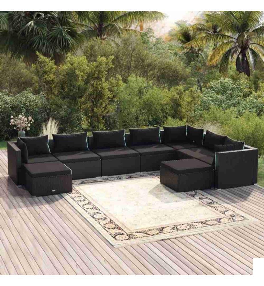 Salon de jardin 9 pcs avec coussins Résine tressée Noir
