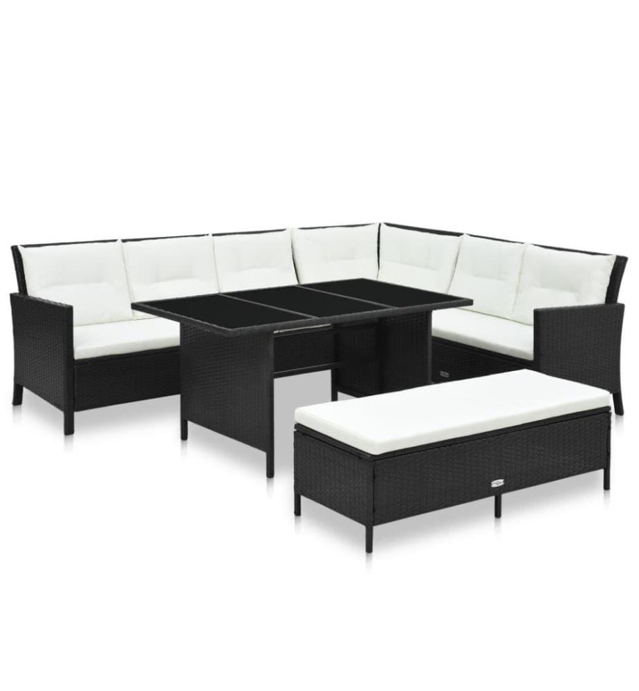 Salon de jardin 3 pcs avec coussins Résine tressée Noir