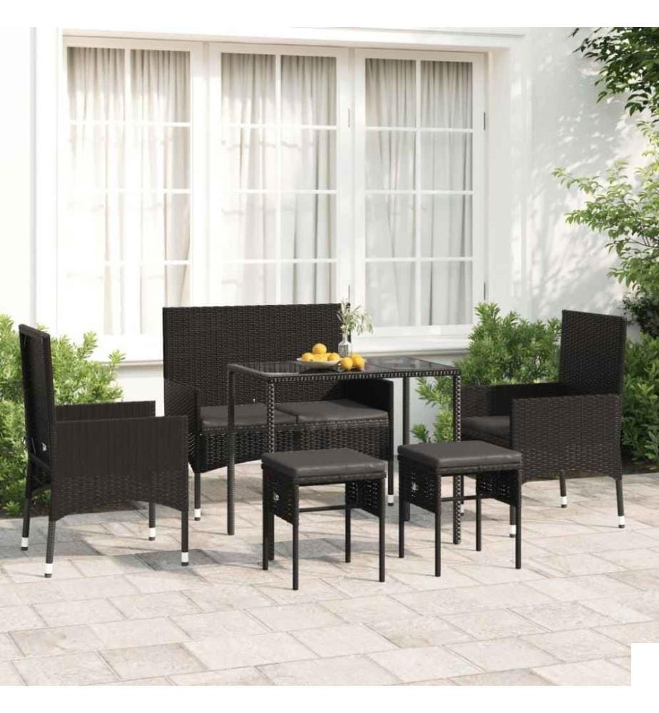 Salon de jardin 6 pcs avec coussins Noir Résine tressée