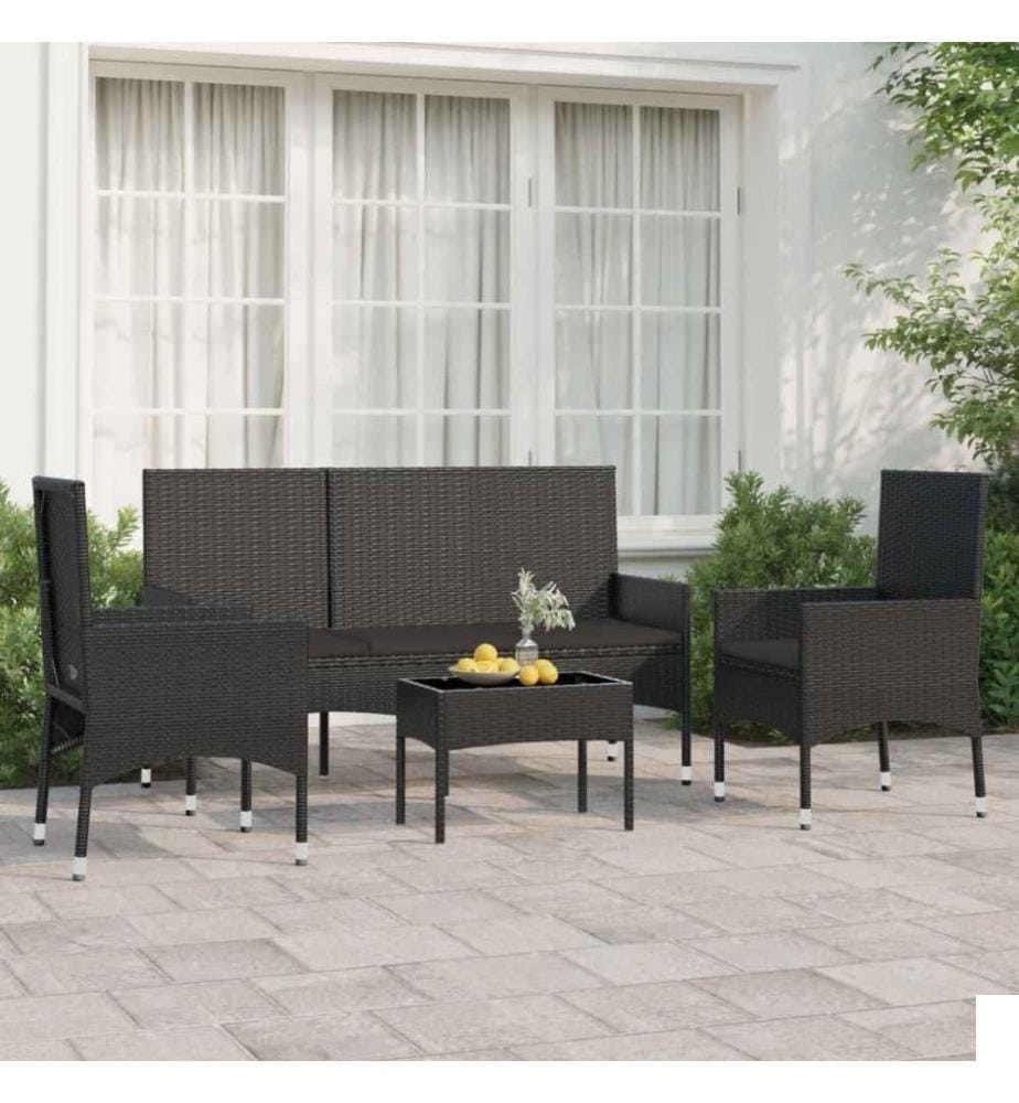 Salon de jardin 4 pcs avec coussins Noir Résine tressée