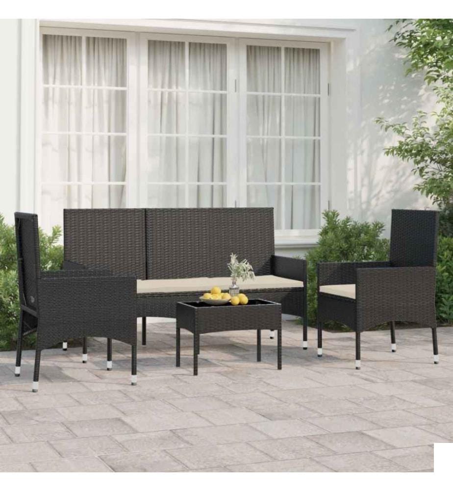 Salon de jardin 4 pcs avec coussins Noir Résine tressée
