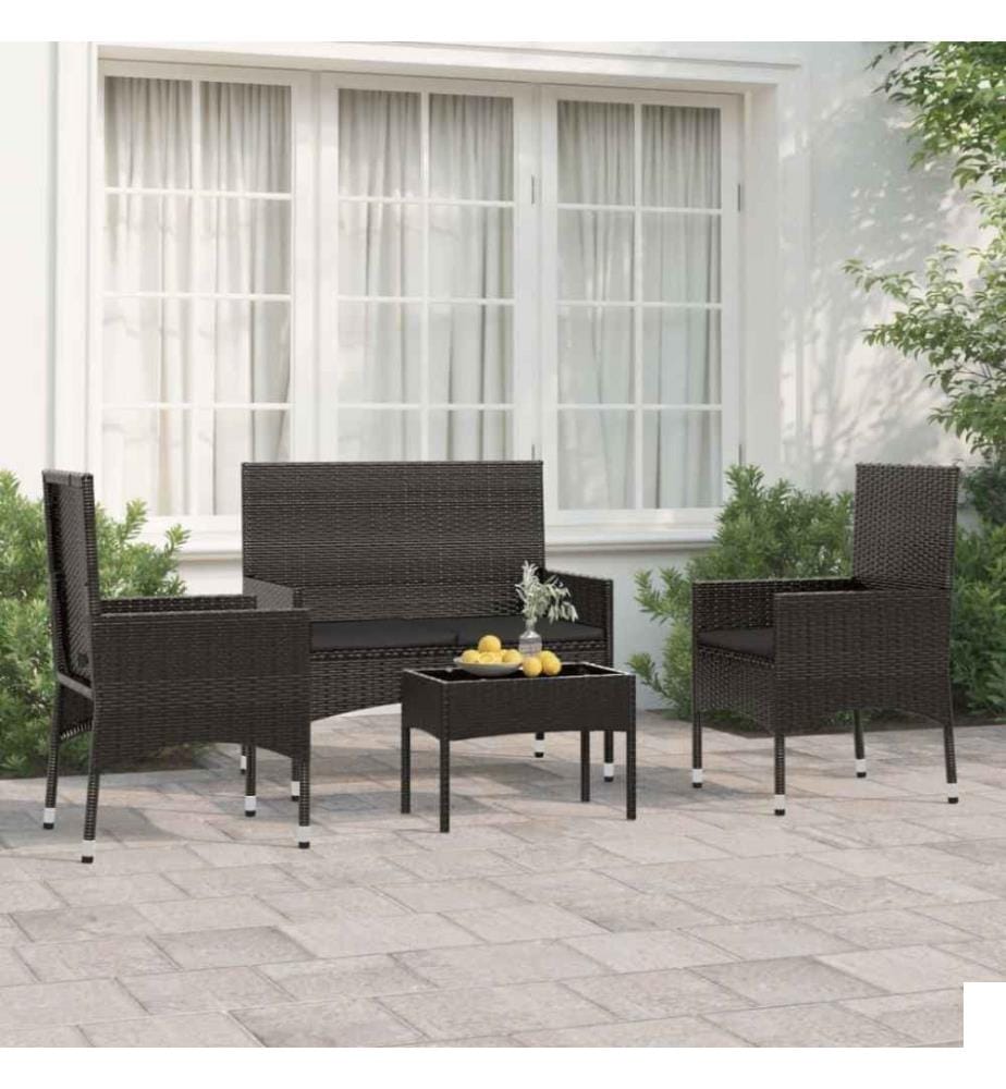Salon de jardin 4 pcs avec coussins Noir Résine tressée