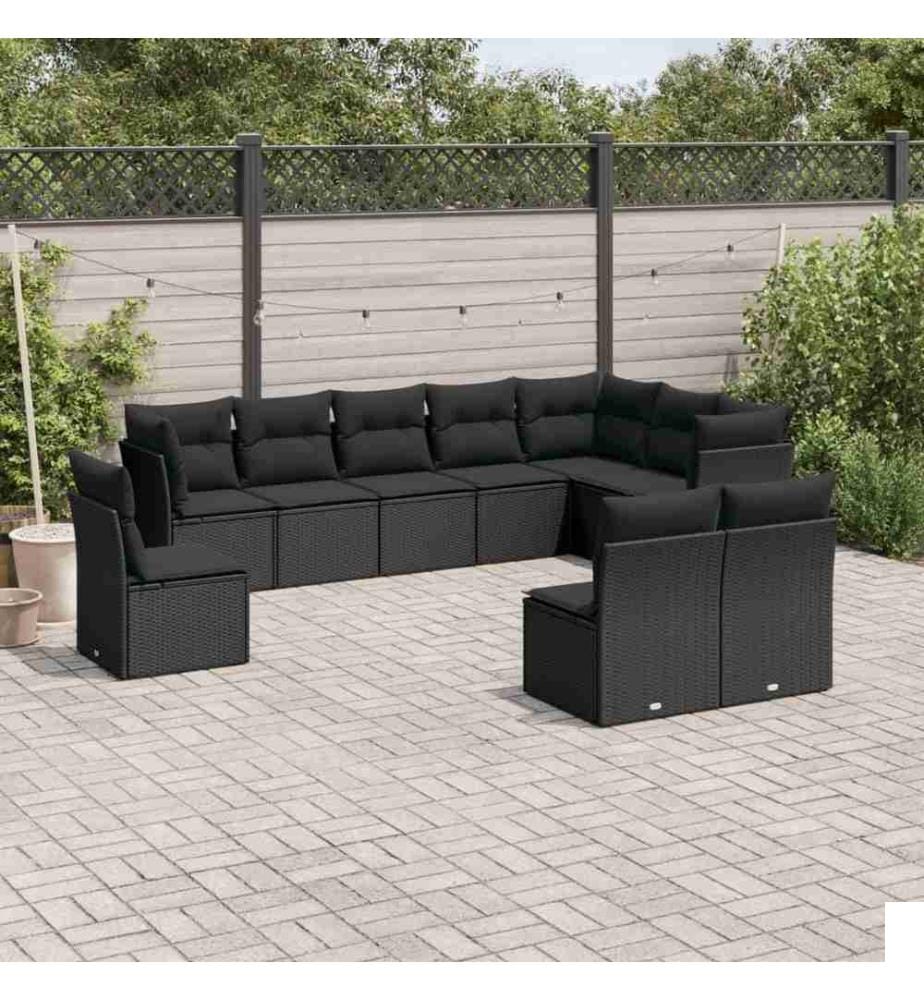 Salon de jardin 10 pcs avec coussins noir résine tressée