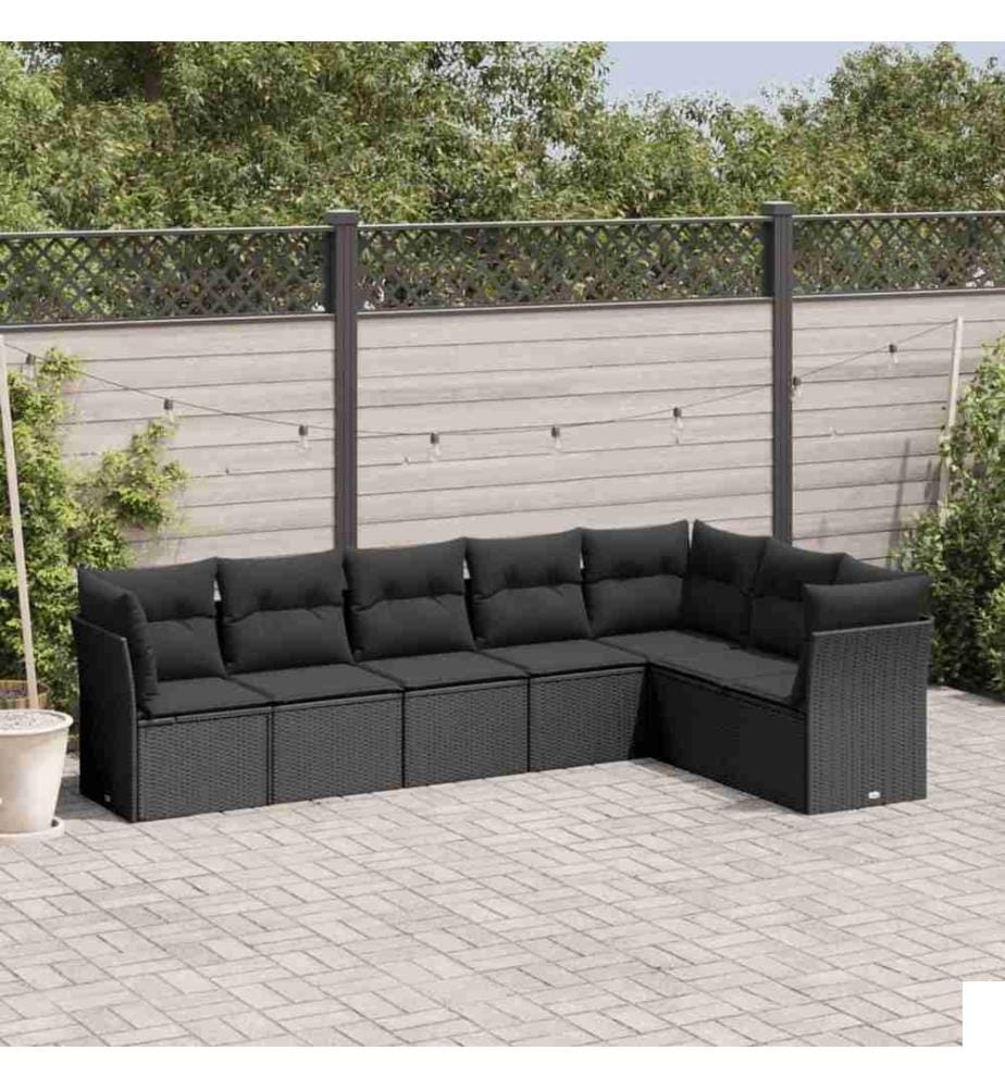 Salon de jardin 7 pcs avec coussins noir résine tressée