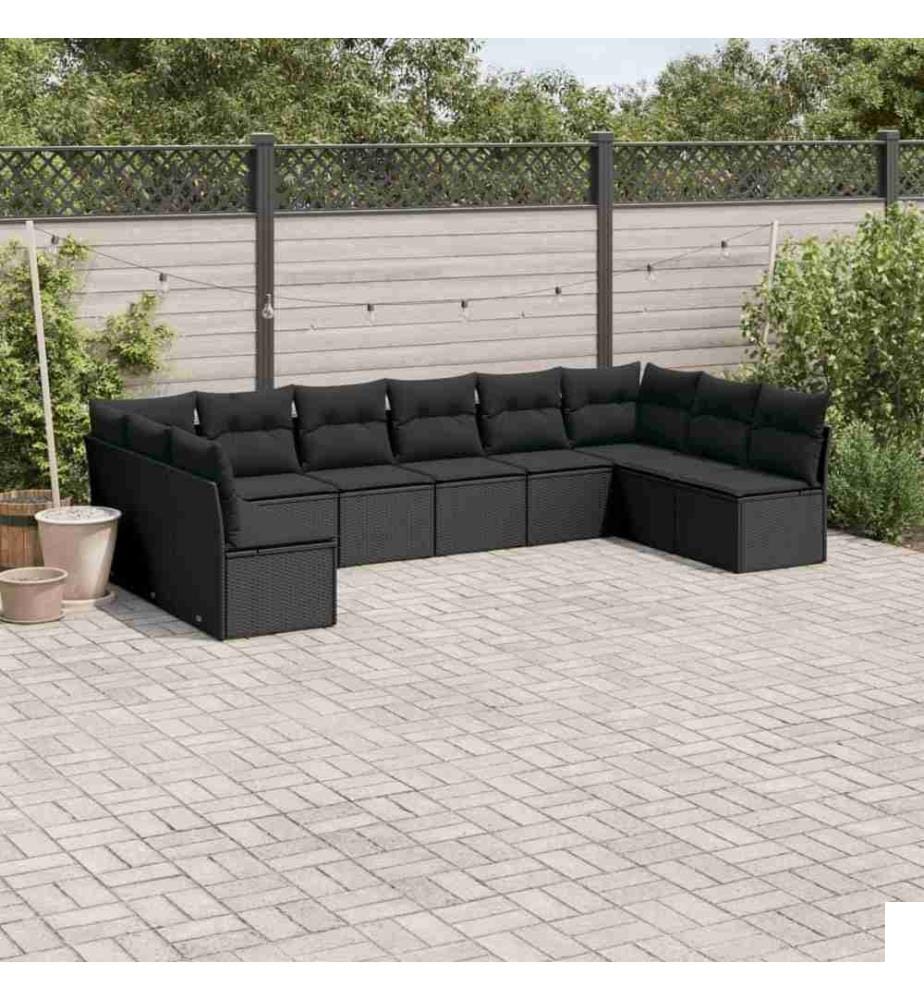 Salon de jardin 10 pcs avec coussins noir résine tressée