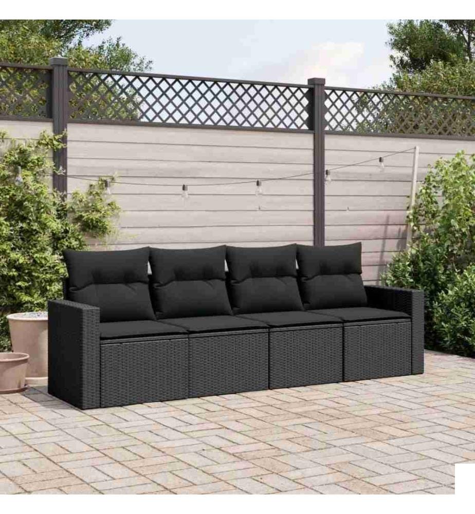 Salon de jardin 4 pcs avec coussins noir résine tressée