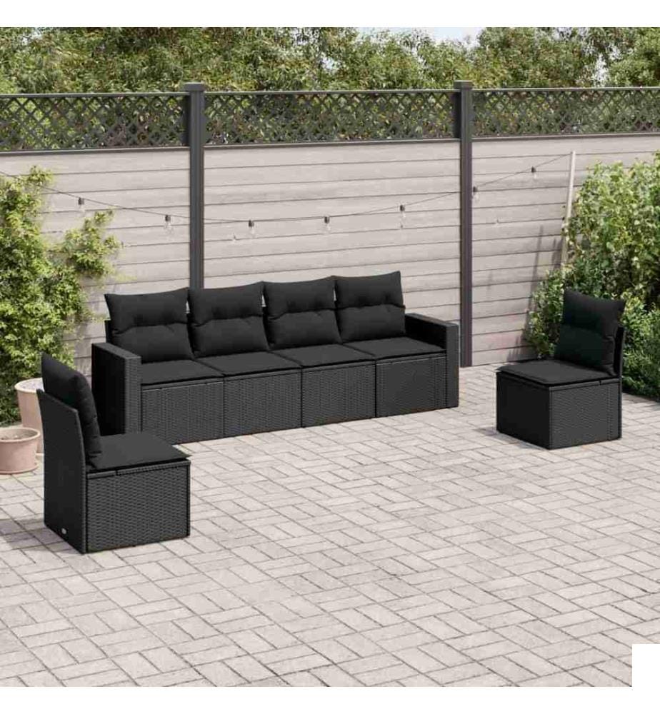Salon de jardin 6 pcs avec coussins noir résine tressée