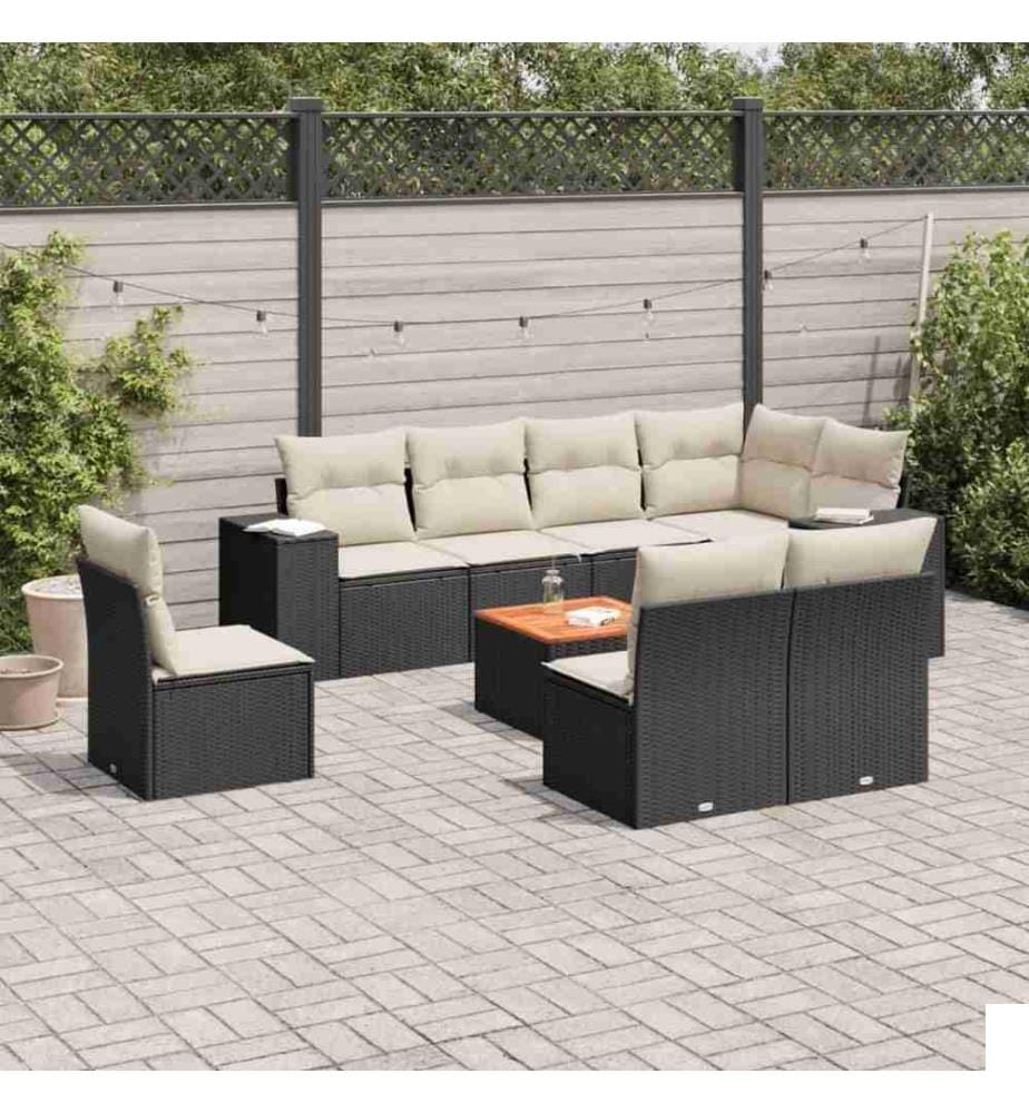 Salon de jardin 9 pcs avec coussins noir résine tressée