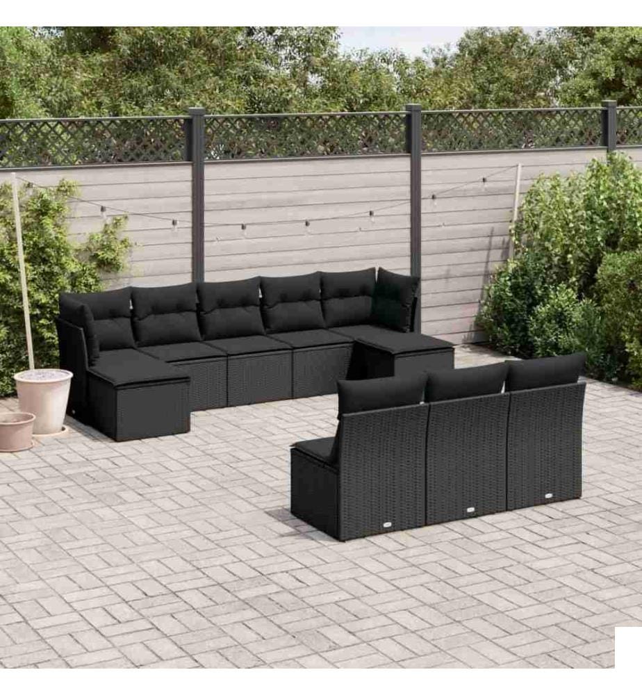 Salon de jardin 10 pcs avec coussins noir résine tressée
