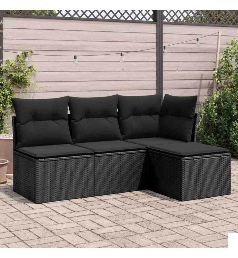 Salon de jardin 4 pcs avec coussins noir résine tressée