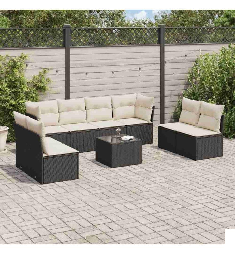 Salon de jardin 9 pcs avec coussins noir résine tressée