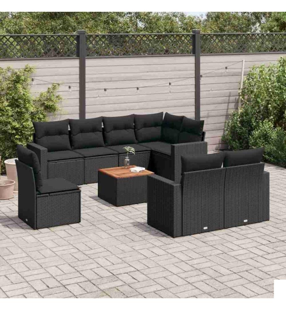 Salon de jardin 9 pcs avec coussins noir résine tressée