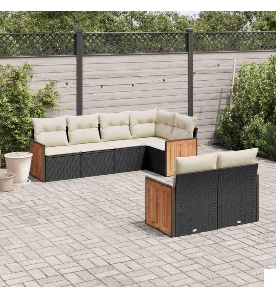 Salon de jardin 7 pcs avec coussins noir résine tressée