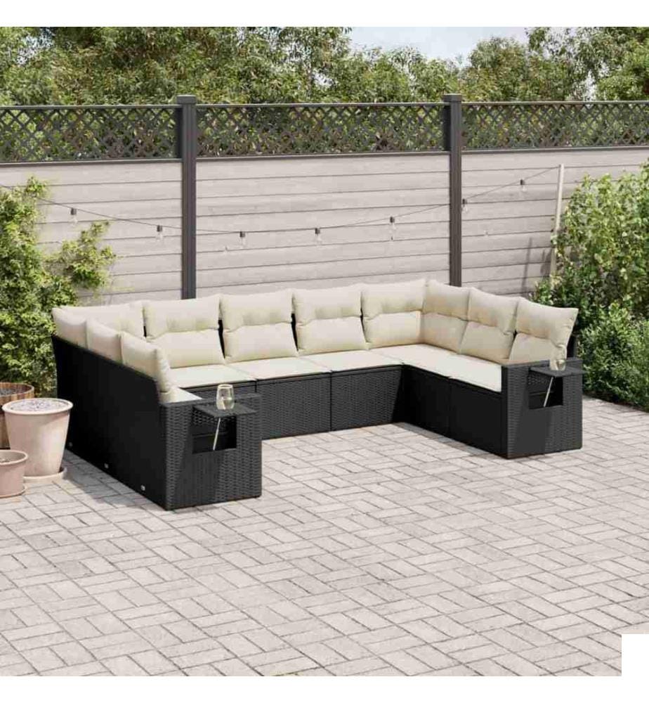 Salon de jardin 9 pcs avec coussins noir résine tressée