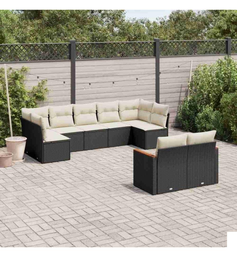 Salon de jardin 9 pcs avec coussins noir résine tressée