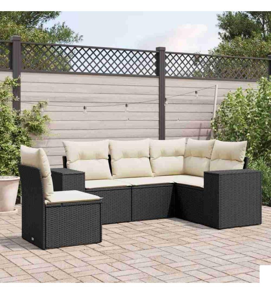 Salon de jardin 5 pcs avec coussins noir résine tressée