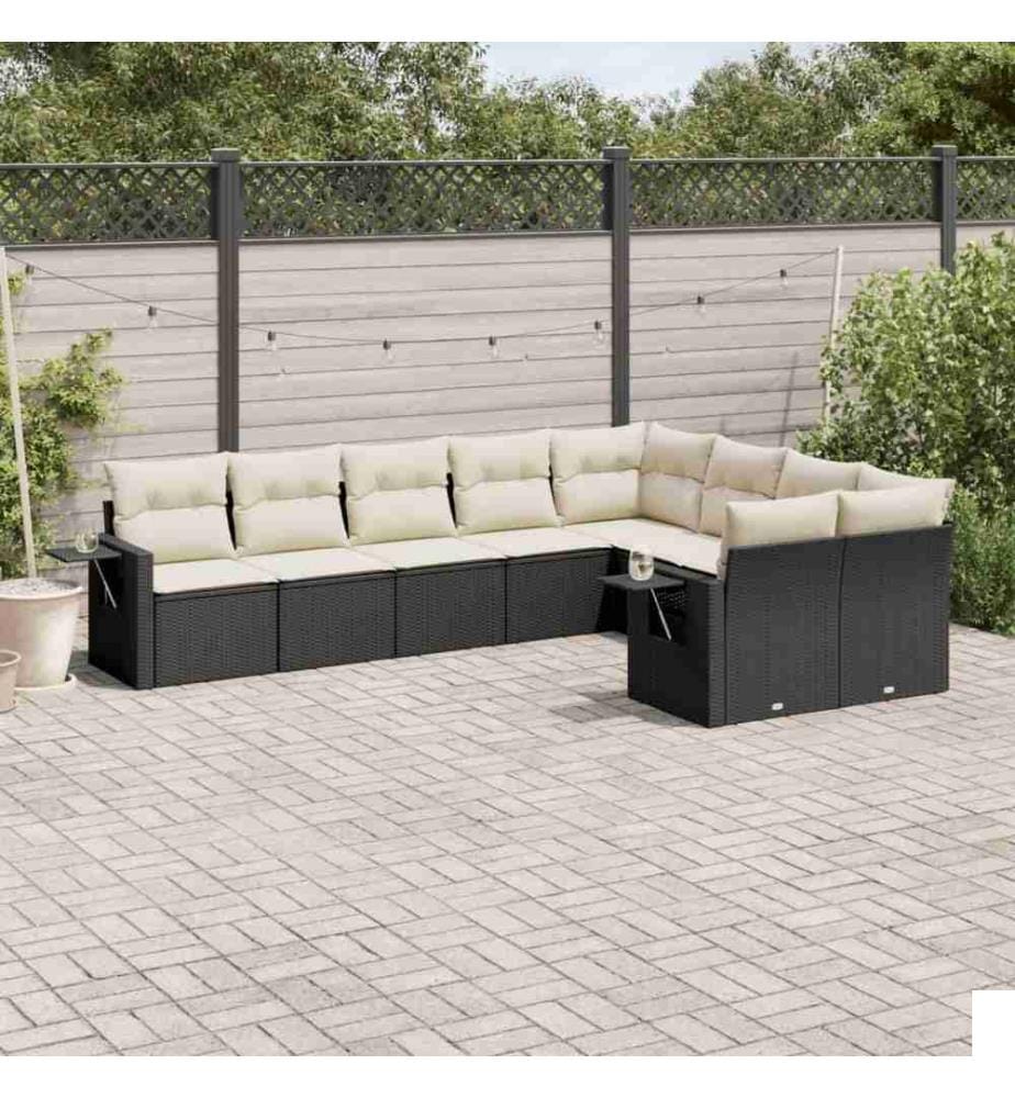 Salon de jardin 9 pcs avec coussins noir résine tressée