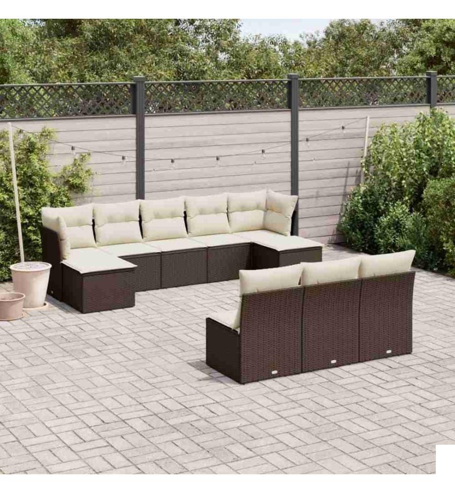 Salon de jardin 10 pcs avec coussins marron résine tressée
