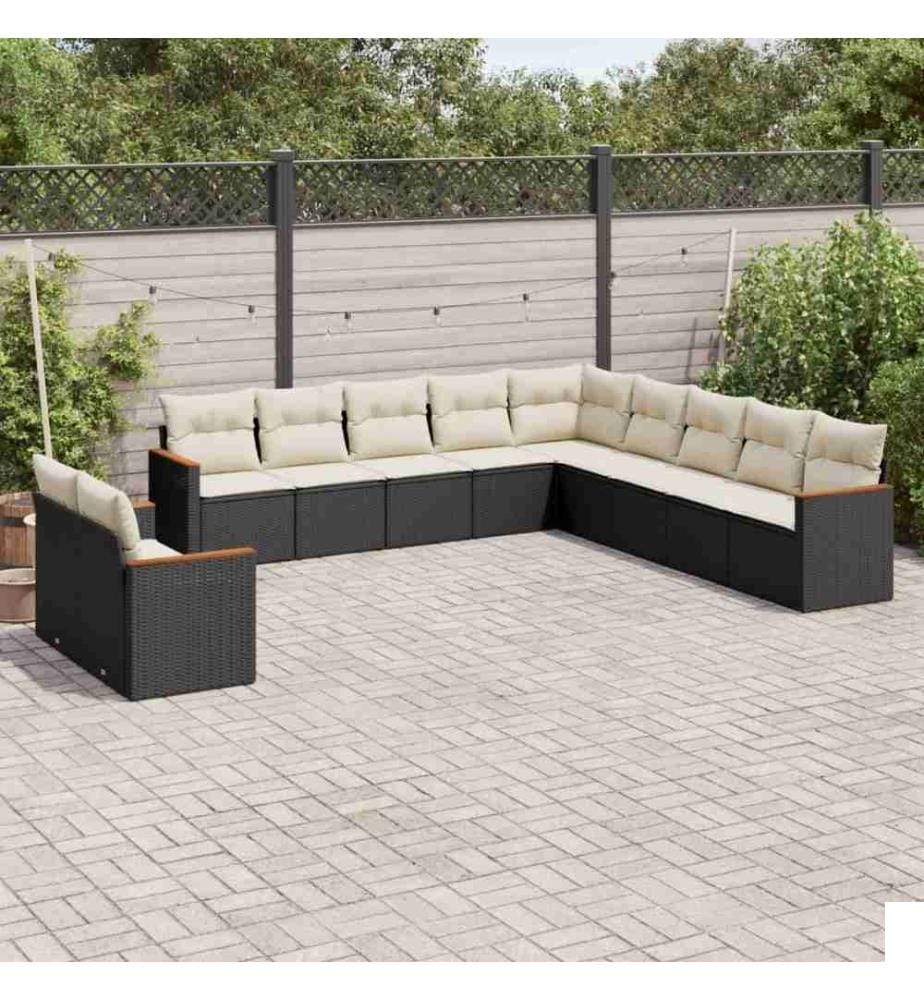 Salon de jardin 11 pcs avec coussins noir résine tressée