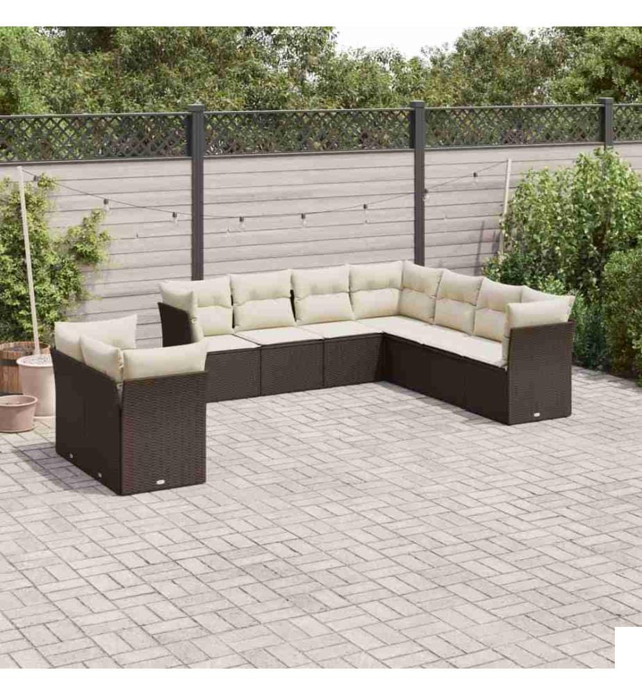 Salon de jardin avec coussins 9 pcs marron résine tressée