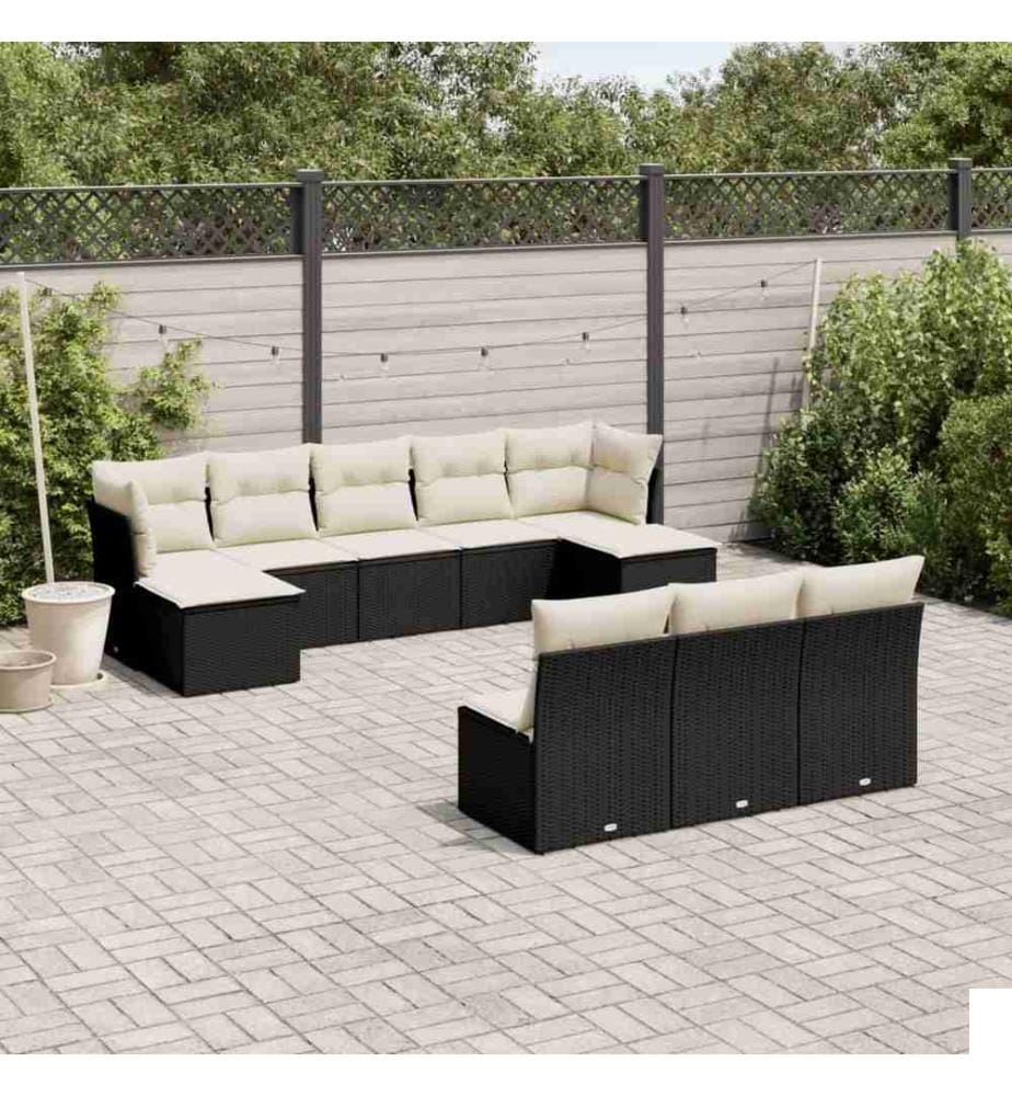 Salon de jardin 10 pcs avec coussins noir résine tressée