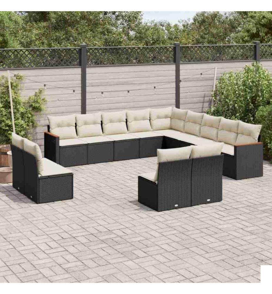 Salon de jardin avec coussins 13 pcs noir résine tressée
