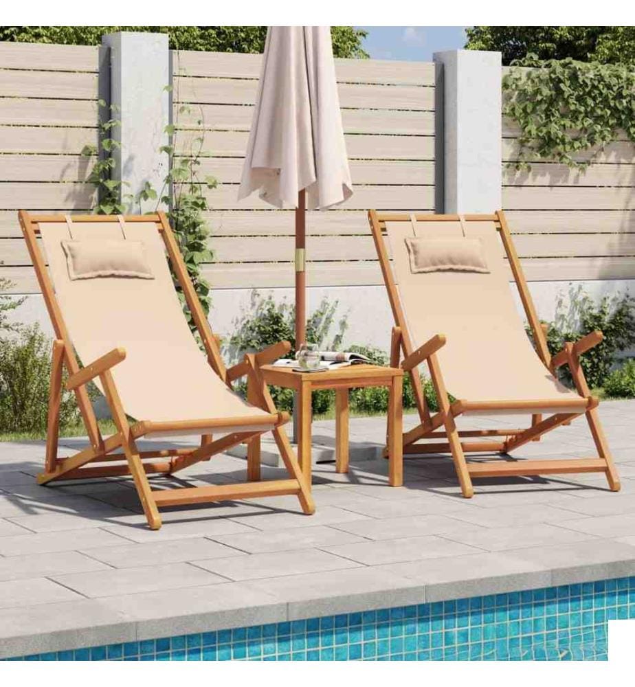 Chaises de plage pliantes lot de 2 beige tissu et bois massif